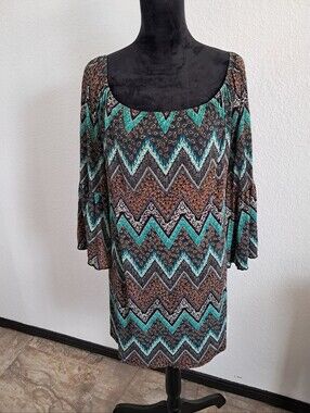 2B Together Lg Shift Dress Multicolored Bell Sleeves Scoop Neck Boho Retro